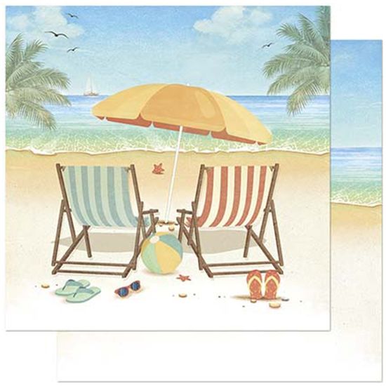 Papel Scrapbook Litoarte 30,5x30,5 SD-876 Praia com Cadeiras e Guarda-Sol