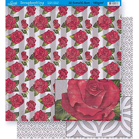 Papel Scrapbook Litoarte 30,5x30,5 SD-339 Rosas Vermelha e Abstrato Cinza