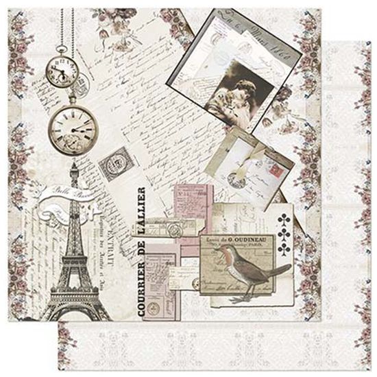 Papel Scrapbook Litoarte 30,5x30,5 SD-916 Cartas, Selos, Relógio e Torre Eiffel