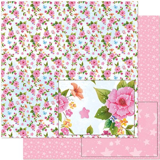 Papel Scrapbook Litoarte 30,5x30,5 SD-976 Padrão Flores Rosas e Borboletas