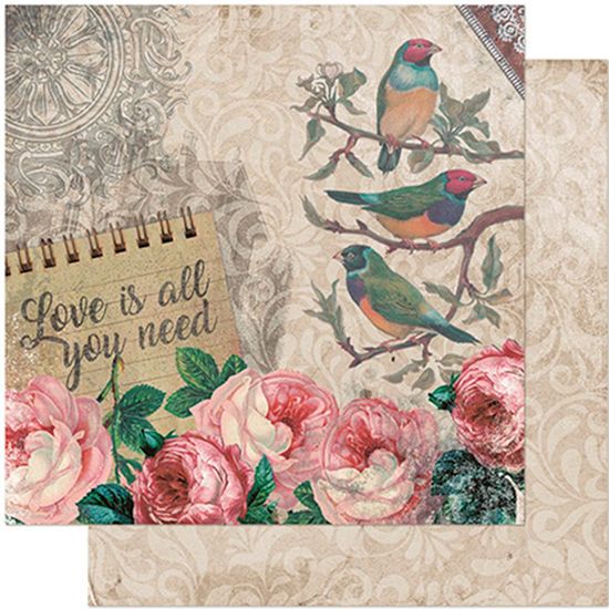 Papel Scrapbook Litoarte 30,5x30,5 SD-939 Pássaros e Rosas Vintage