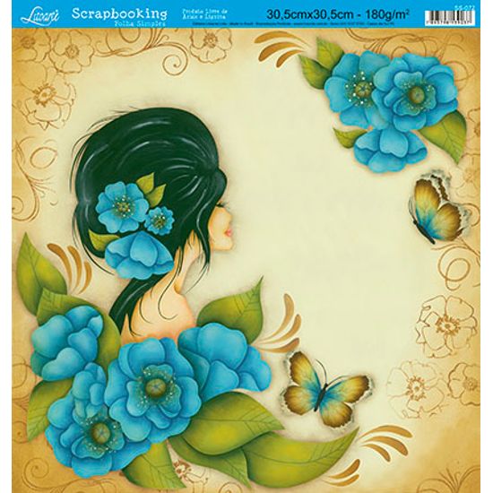 Papel Scrapbook Litoarte 30,5x30,5 SS-072 Mulher Flores Azul