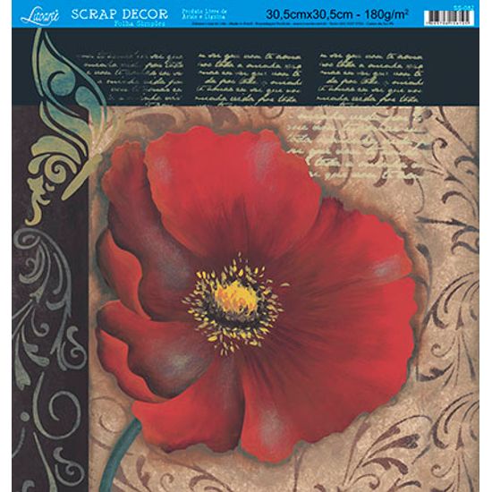 Papel Scrapbook Litoarte 30,5x30,5 SS-082 Flor Vermelha