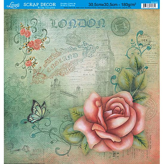 Papel Scrapbook Litoarte 30,5x30,5 SS-090 Rosas London