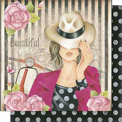 Papel Scrapbook Litoarte Sd-630 Dupla Face 30,5x30,5cm Dama de Chapéu com Rosas