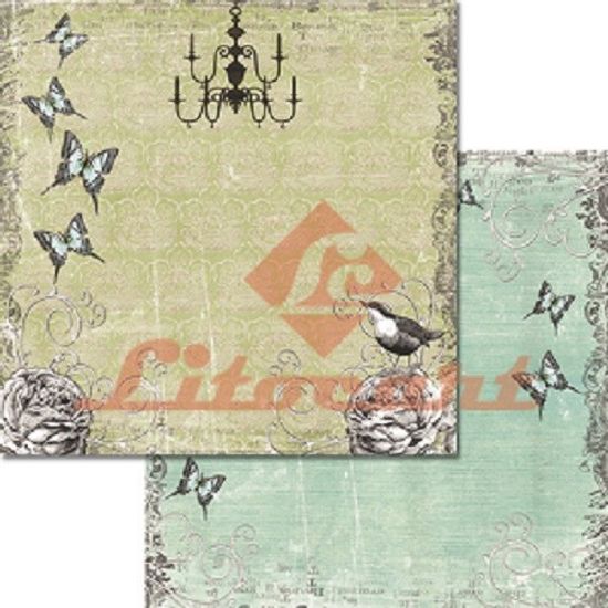 Papel Scrapbook Litocart 30,5x30,5 LSCD-204 Pássaro e Borboletas Verde e Cinza