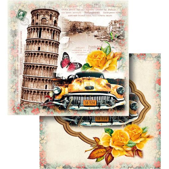 Papel Scrapbook Litocart 30,5x30,5 LSCD-437 Torre de Pisa Carro e Rosas