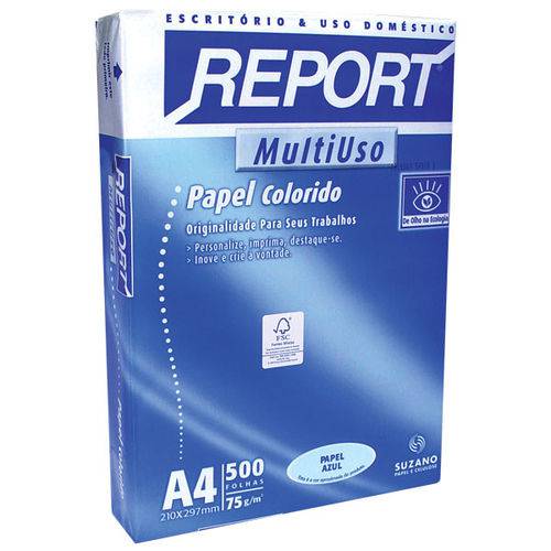 Papel Sulfite A4 Colorido Report Multiuso 75 G Azul Suzano Pct/500