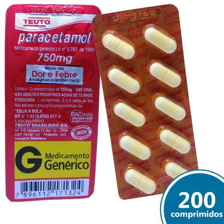 Paracetamol 750mg 200 Comprimidos Genérico Teuto