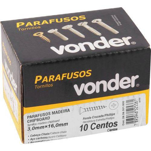Parafuso para Madeira 3 X 16mm Phillips 1.0000un Vonder