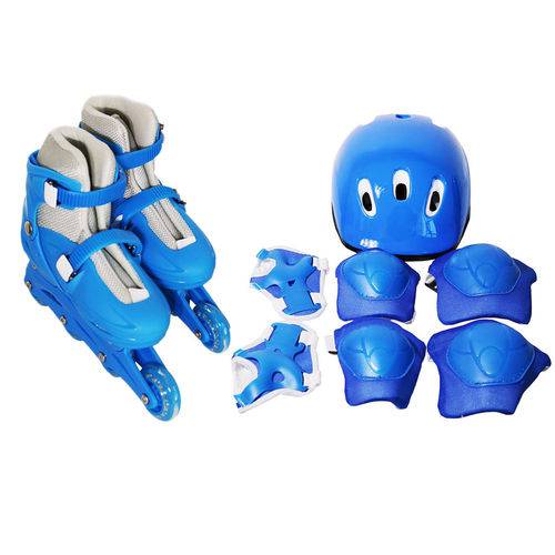 Patins Infantil 4 Rodas Inline Azul com Kit de Proteção Tamanho P Certificado Inmetro