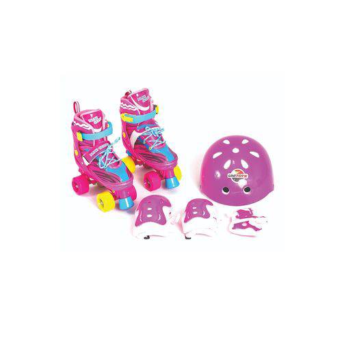Patins Roller Infantil 4 Rodas Tipo Luna + Kit Proteção Unitoys Azul Rosa M 34-38