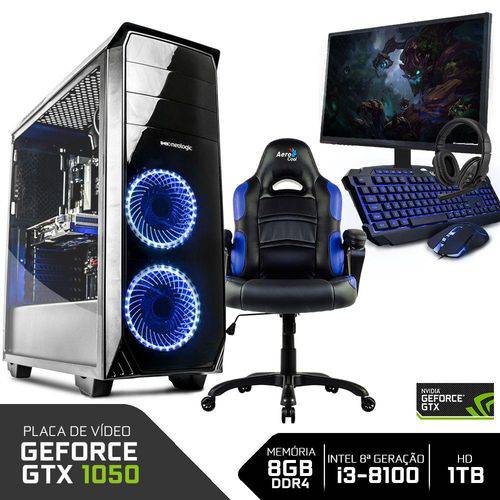 PC Gamer Completo ICOY5032037079655 Intel I3-8100 8GB (GeForce GTX 1050 2GB)1TB + Cadeira Gamer Blue