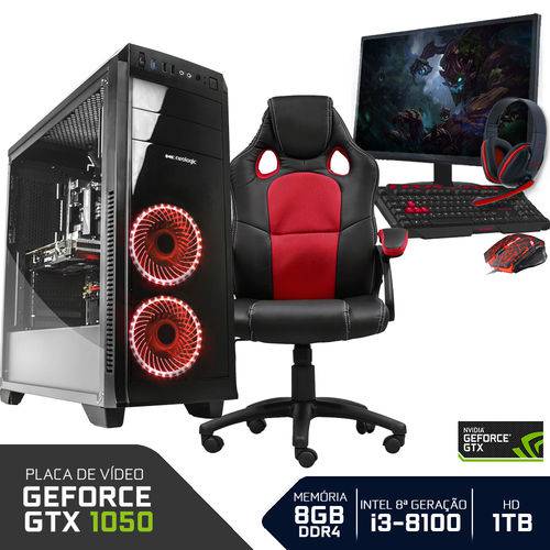 PC Gamer Completo Neologic NLI80947 Intel I3-8100 8GB (GeForce GTX 1050 2GB)1TB + Cadeira Gamer Red