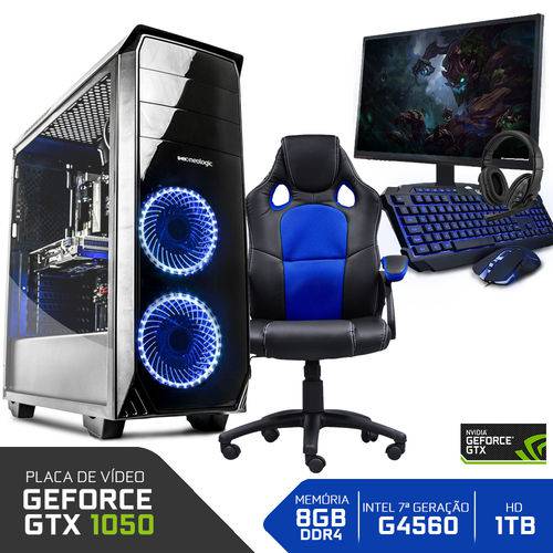 PC Gamer Completo Neologic NLI80950 Intel G4560 8GB (GeForce GTX 1050 2GB)1TB + Cadeira Gamer Blue