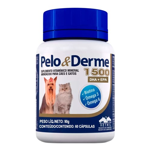 Pelo & Derme 1500 para Cães e Gatos Uso Veterinário com 60 Cápsulas