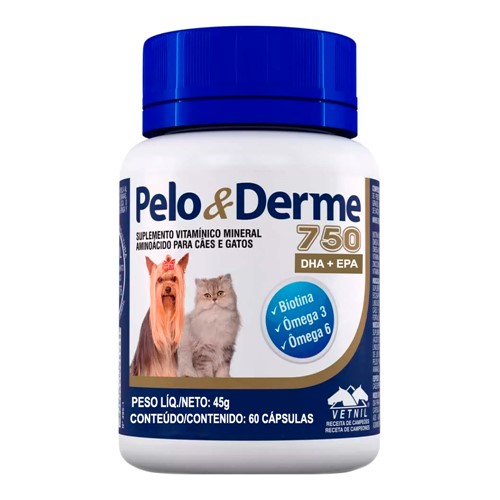 Pelo & Derme 750 para Cães e Gatos Uso Veterinário com 60 Cápsulas