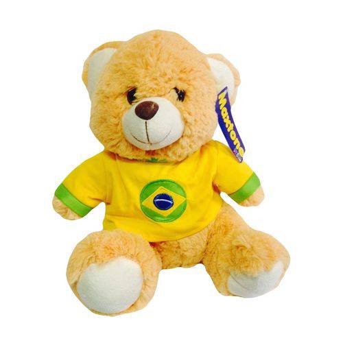 Pelúcia Infantil - Ursinho com Camiseta do Brasil Amarelo 28 Cm - Maxtone