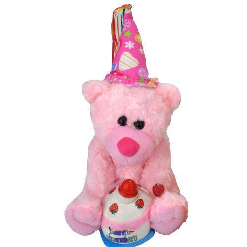 Pelúcia Max Fun Aniversário - Urso Rosa com Som e Movimento 25 Cm - Maxtone
