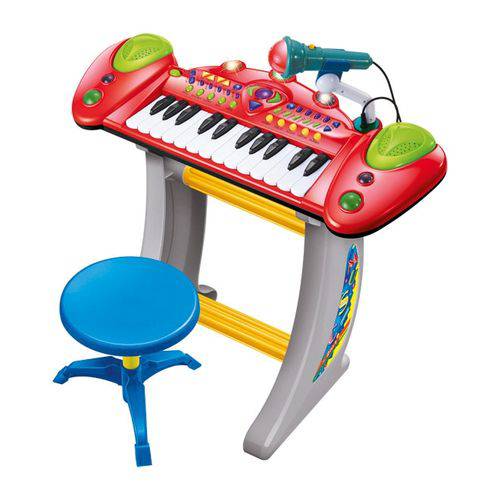 Piano Infantil Teclado Instrumento Musical Brinquedo com Microfone Luz e 10 Sons e Ritmos