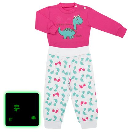 Pijama 4 Botões que Brilha no Escuro Dinossaura - Cara de Criança