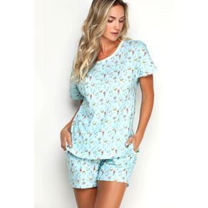 Pijama com Decote Amplo, Fenda Lateral - Flores Miudas P