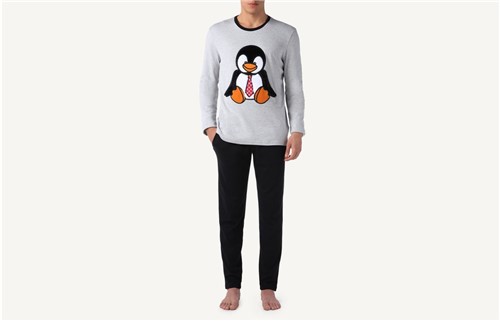 Pijama Comprido em Algodão com Pinguim - Cinza P
