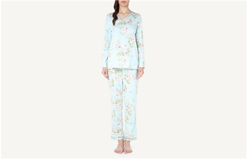 Pijama Comprido em Algodão Supima Delicate Flowers - Azul P