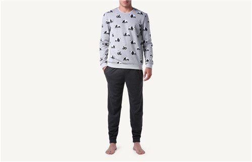 Pijama Comprido Estampado All Over Panda Jacquard - Cinza G