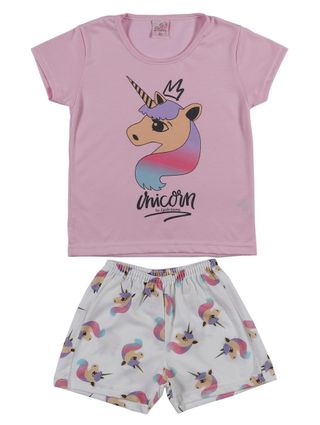 Pijama Curto Infantil para Menina - Rosa/off White