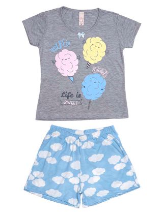 Pijama Curto Juvenil para Menina - Cinza/azul