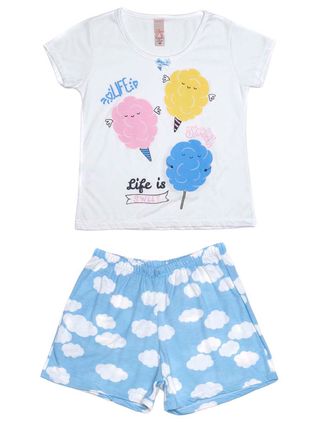 Pijama Curto Juvenil para Menina - Off White/azul