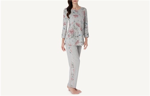 Pijama de Algodão Supima Estampado de Flores - Cinza P