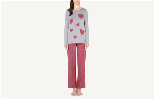Pijama em Algodão Interlock com Corações Tartan - Cinza P