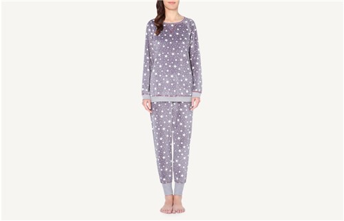 Pijama em Pelúcia com Estampado de Estrelas - Cinza P