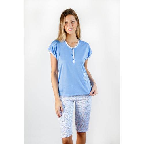 Pijama Feminino Gislal Verão - Regata Conforto Shorts Pescador Azul e Branco C/ Flores