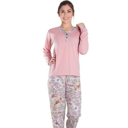Pijama Feminino Longo Blusa Lisa e Calça em Malha Estampa Variável Lina