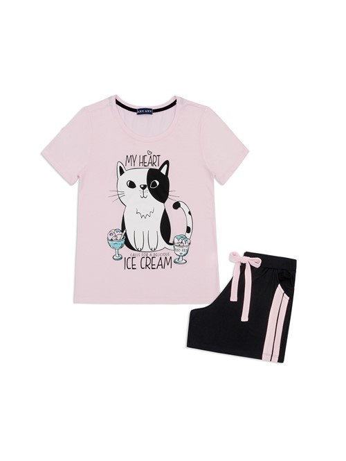 Pijama Infantil Capri Manga Curta Cat Ice Cream Rosa Claro 10