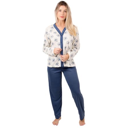 Pijama Longo de Botão Rebeca (Azul Marinho) P
