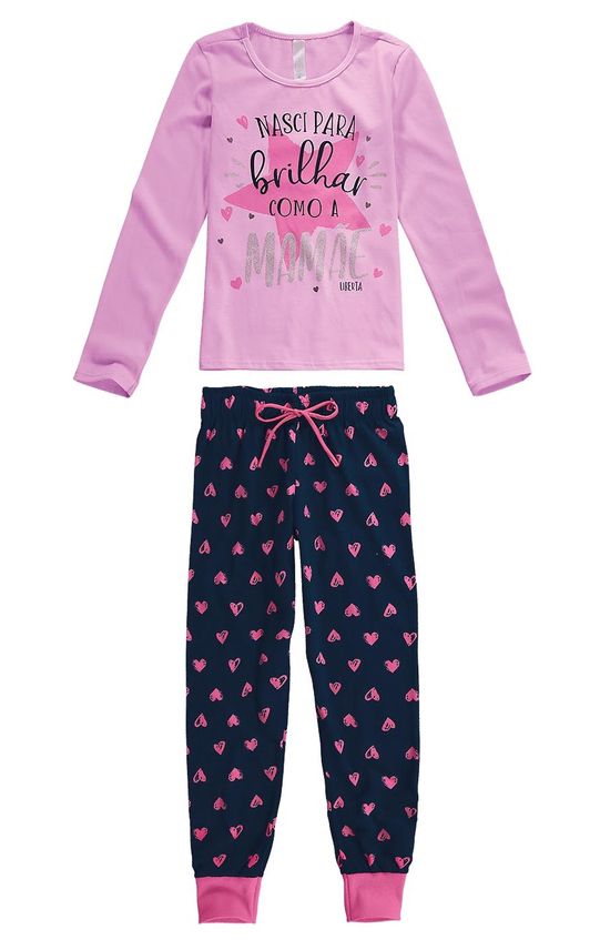 Pijama Longo Estampa Glitter Menina Rosa Claro - 1