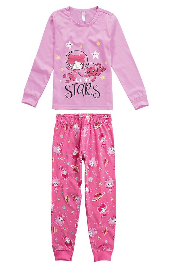 Pijama Longo Estampa que Brilha Menina Rosa Claro - 1