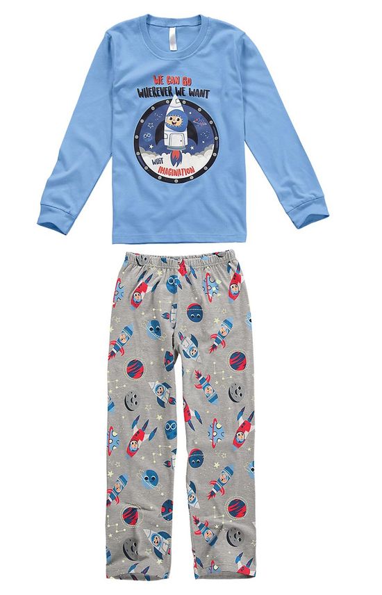 Pijama Longo Estampa que Brilha Menino Azul Claro - 1