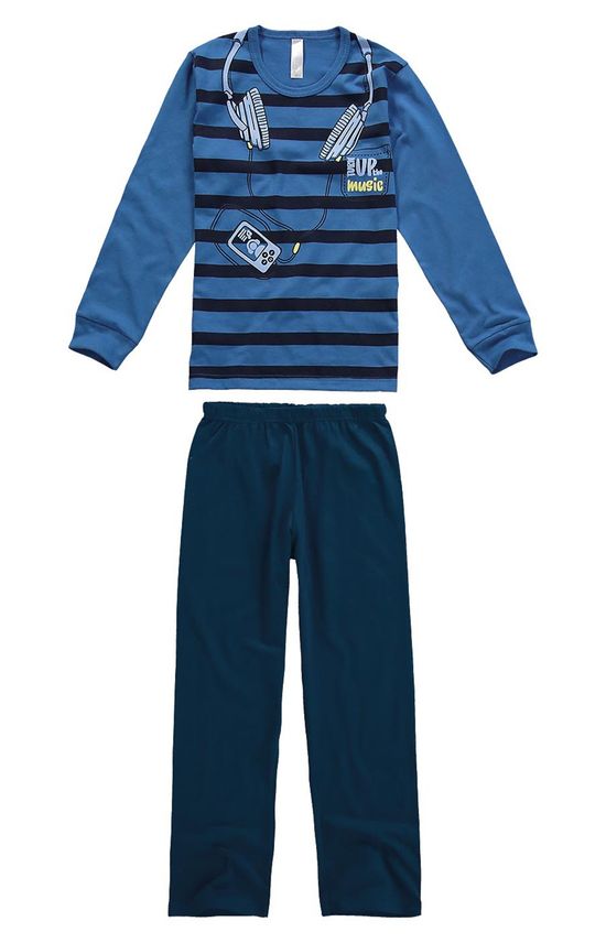Pijama Longo Estampado Azul Escuro - 1