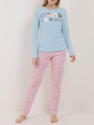 Pijama Longo Feminino Azul/rosa