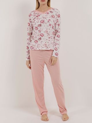Pijama Longo Feminino Branco/rosa