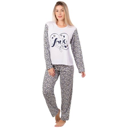 Pijama Longo Feminino Estampado Marcelle (Branco) P