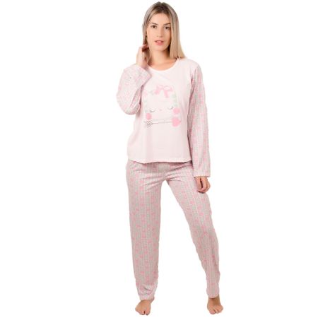 Pijama Longo Feminino Estampado Marcelle Rosa Claro / P