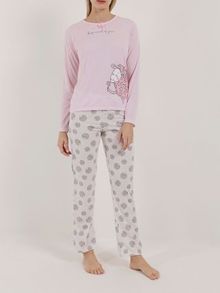 Pijama Longo Feminino Rosa/off White