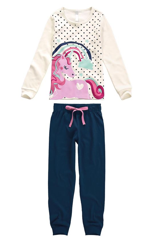 Pijama Longo Unicórnio Menina Branco - 1
