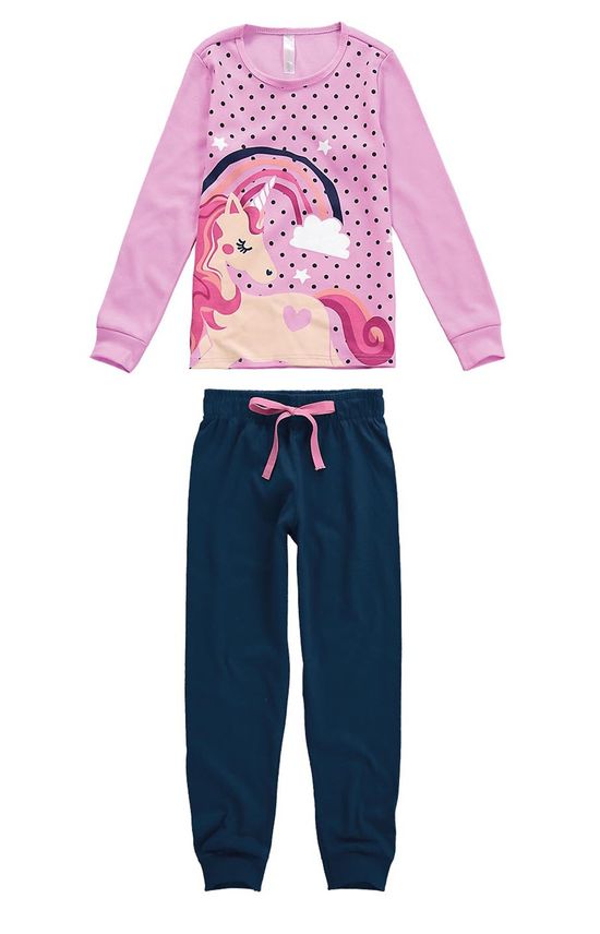 Pijama Longo Unicórnio Menina Rosa Claro - 1